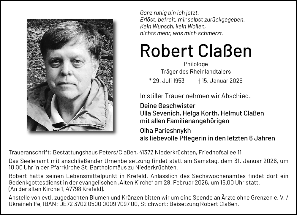  Traueranzeige für Robert Claßen vom 25.01.2026 aus trauer.panorama-anzeigenblatt.de