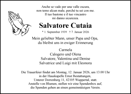 Traueranzeige von Salvatore Cutaia von trauer.wuppertaler-rundschau.de