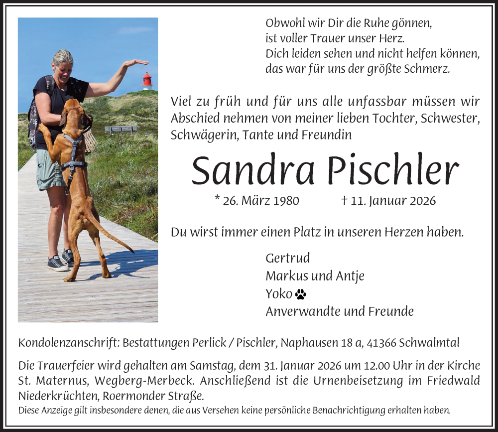  Traueranzeige für Sandra Pischler vom 25.01.2026 aus trauer.panorama-anzeigenblatt.de