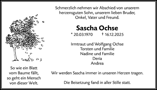 Traueranzeige von Sascha Ochse von trauer.wuppertaler-rundschau.de