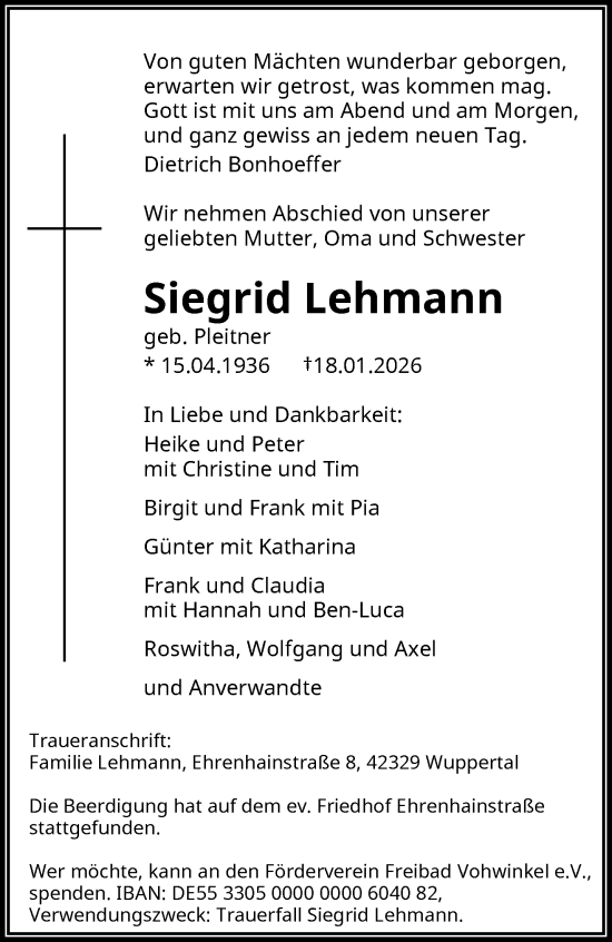 Traueranzeige von Siegrid Lehmann von trauer.wuppertaler-rundschau.de