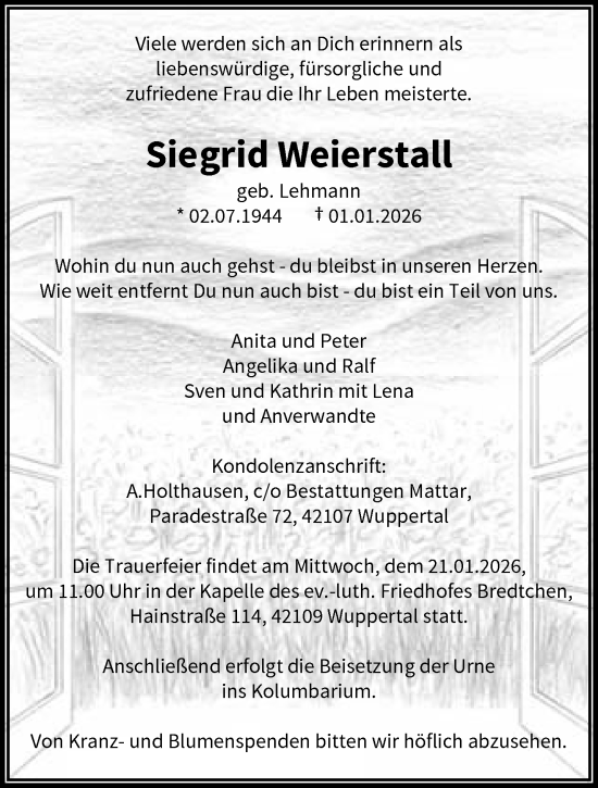 Traueranzeige von Siegried Weierstall von trauer.wuppertaler-rundschau.de
