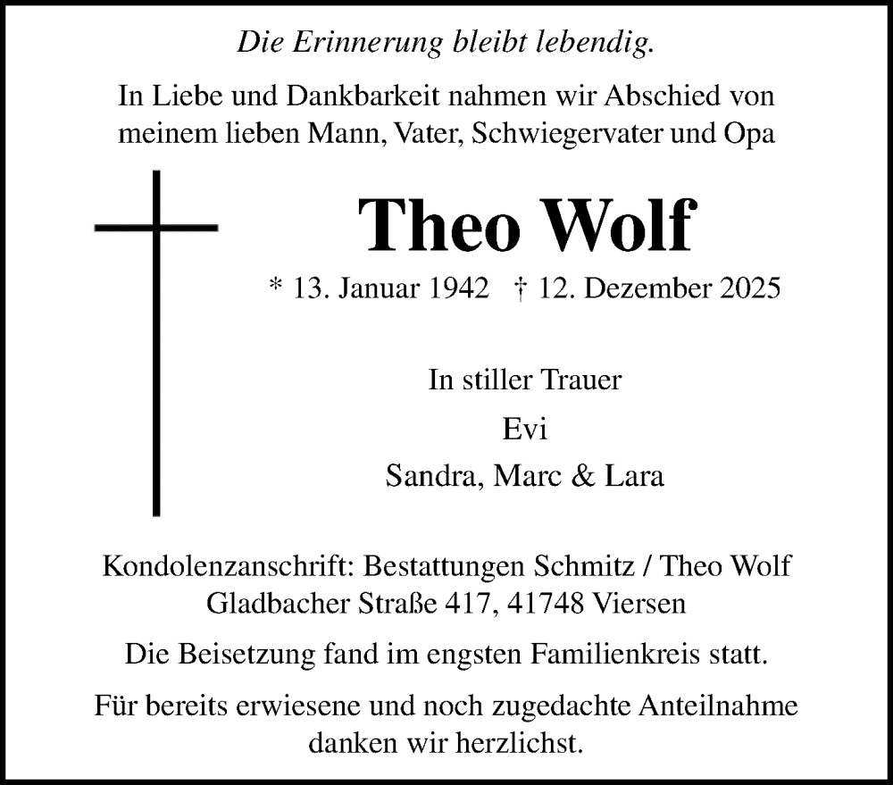  Traueranzeige für Theo Wolf vom 18.01.2026 aus trauer.panorama-anzeigenblatt.de
