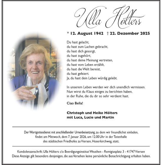 Traueranzeige von Ulla Hölters von trauer.panorama-anzeigenblatt.de