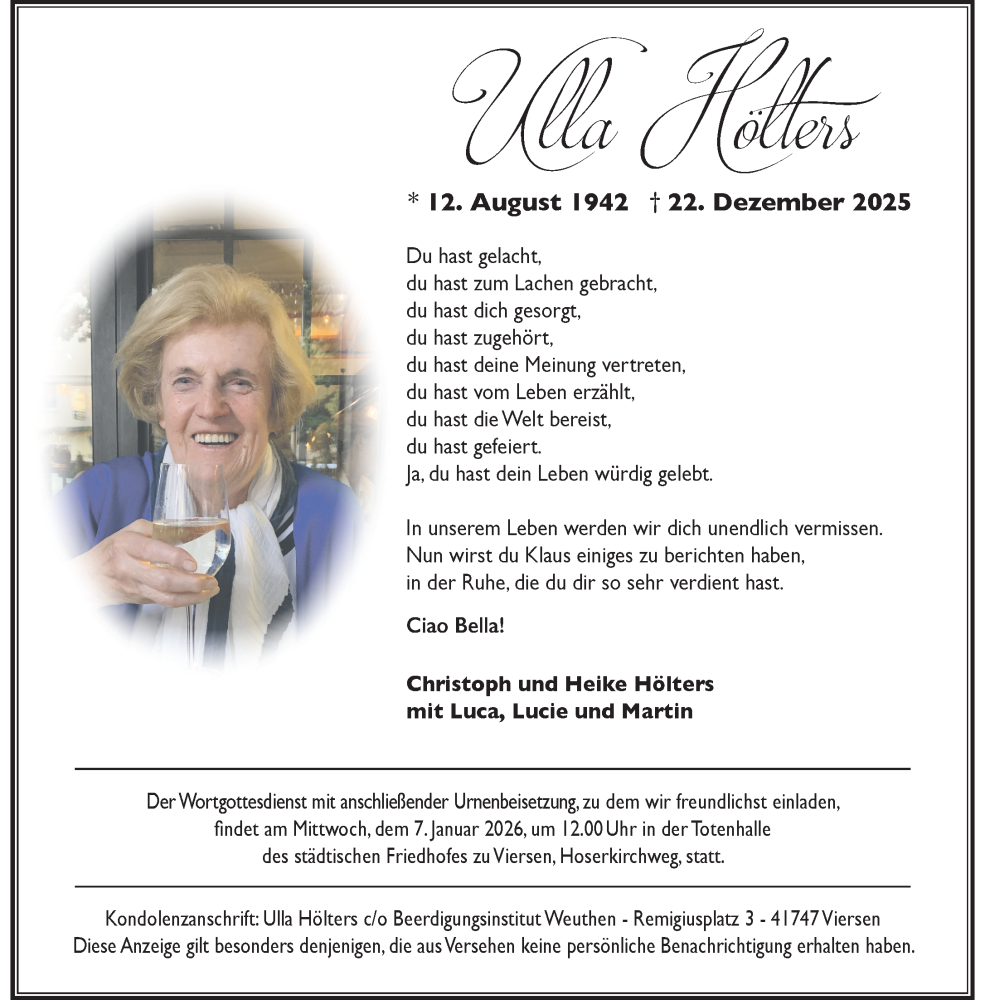  Traueranzeige für Ulla Hölters vom 04.01.2026 aus trauer.panorama-anzeigenblatt.de