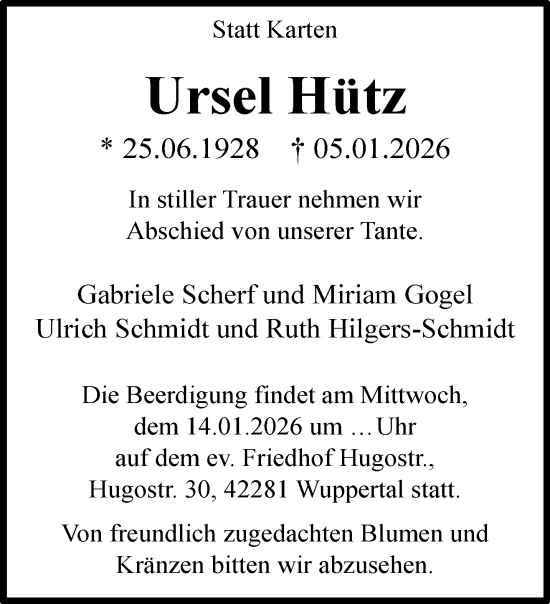 Traueranzeige von Ursel Hütz von trauer.wuppertaler-rundschau.de