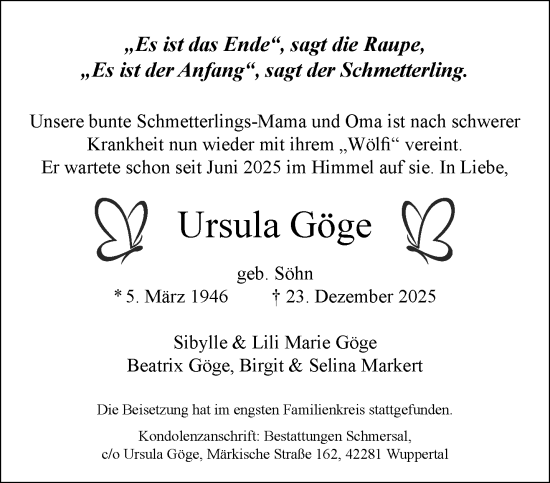 Traueranzeige von Ursula Göge von trauer.wuppertaler-rundschau.de