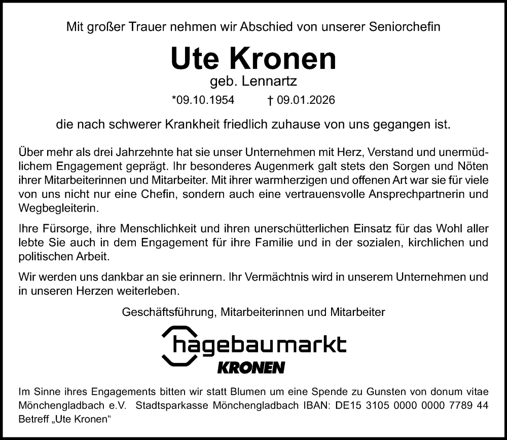  Traueranzeige für Ute Kronen vom 18.01.2026 aus trauer.panorama-anzeigenblatt.de