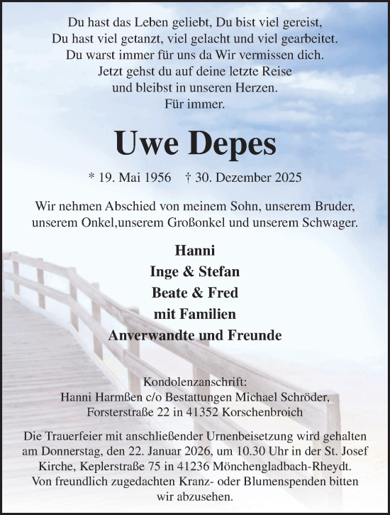 Traueranzeige von Uwe Depes von trauer.panorama-anzeigenblatt.de