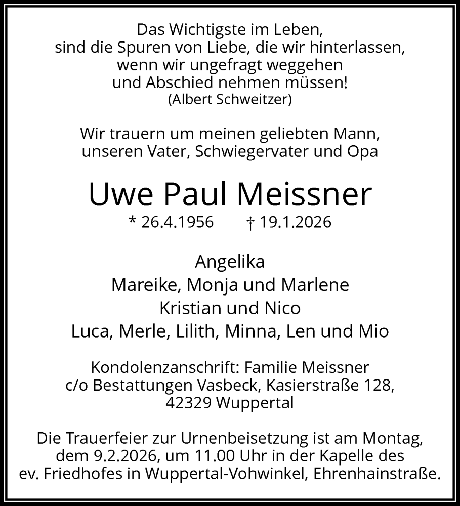  Traueranzeige für Uwe Paul Meissner vom 31.01.2026 aus trauer.wuppertaler-rundschau.de