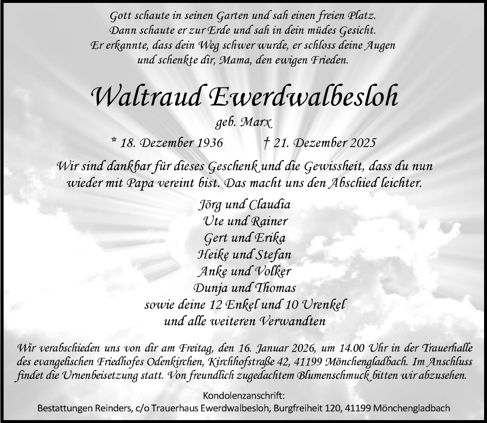  Traueranzeige für Waltraud Ewerdwalbesloh vom 11.01.2026 aus trauer.panorama-anzeigenblatt.de