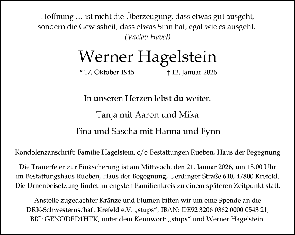  Traueranzeige für Werner Hagelstein vom 18.01.2026 aus trauer.panorama-anzeigenblatt.de