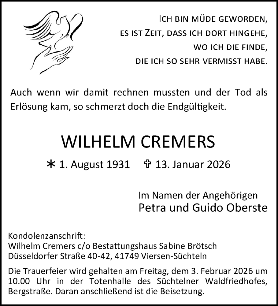  Traueranzeige für Wilhelm Cremers vom 25.01.2026 aus trauer.panorama-anzeigenblatt.de