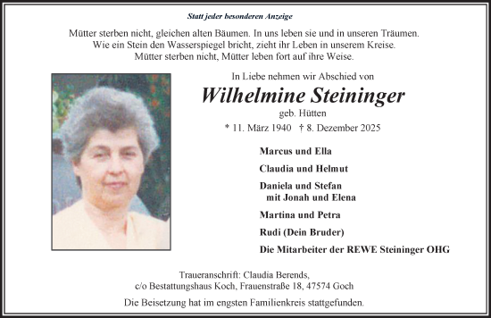 Traueranzeige von Wilhelmine Steininger von trauer.panorama-anzeigenblatt.de
