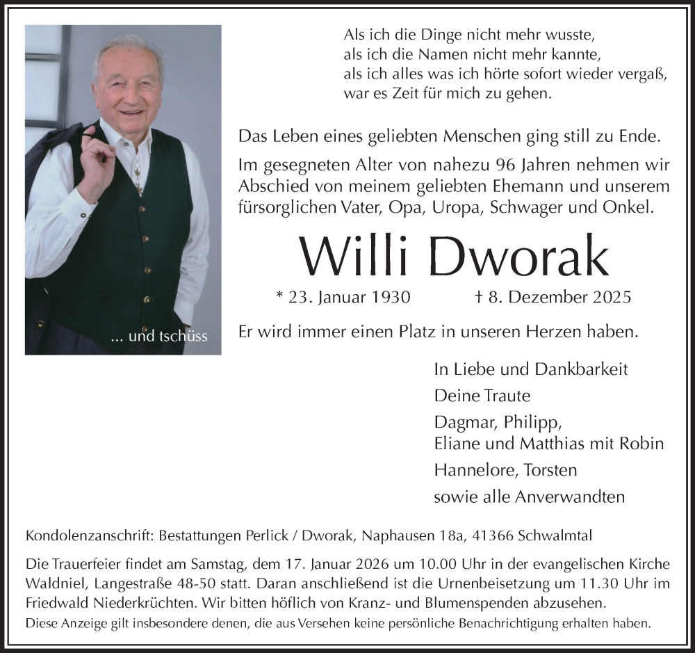 Traueranzeige für Willi Dworak vom 11.01.2026 aus trauer.panorama-anzeigenblatt.de