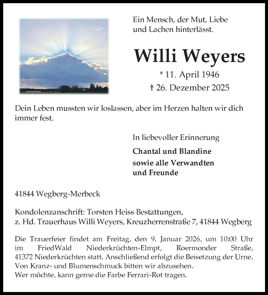  Traueranzeige für Willi Weyers vom 04.01.2026 aus trauer.panorama-anzeigenblatt.de