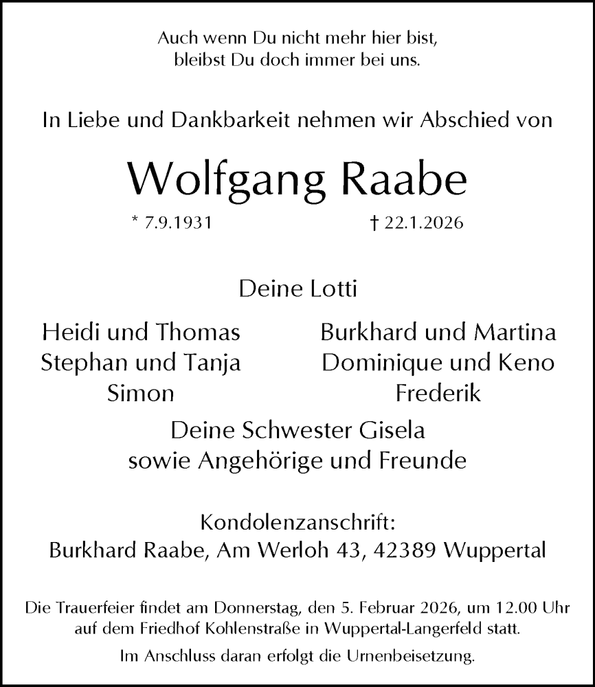  Traueranzeige für Wolfgang Raabe vom 31.01.2026 aus trauer.wuppertaler-rundschau.de