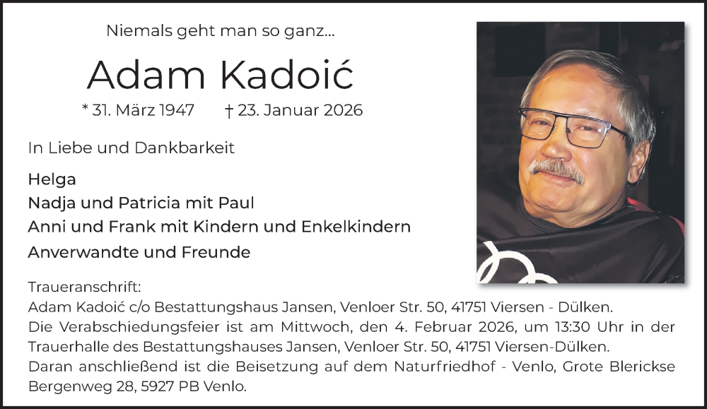  Traueranzeige für Adam Kadoić vom 01.02.2026 aus trauer.panorama-anzeigenblatt.de