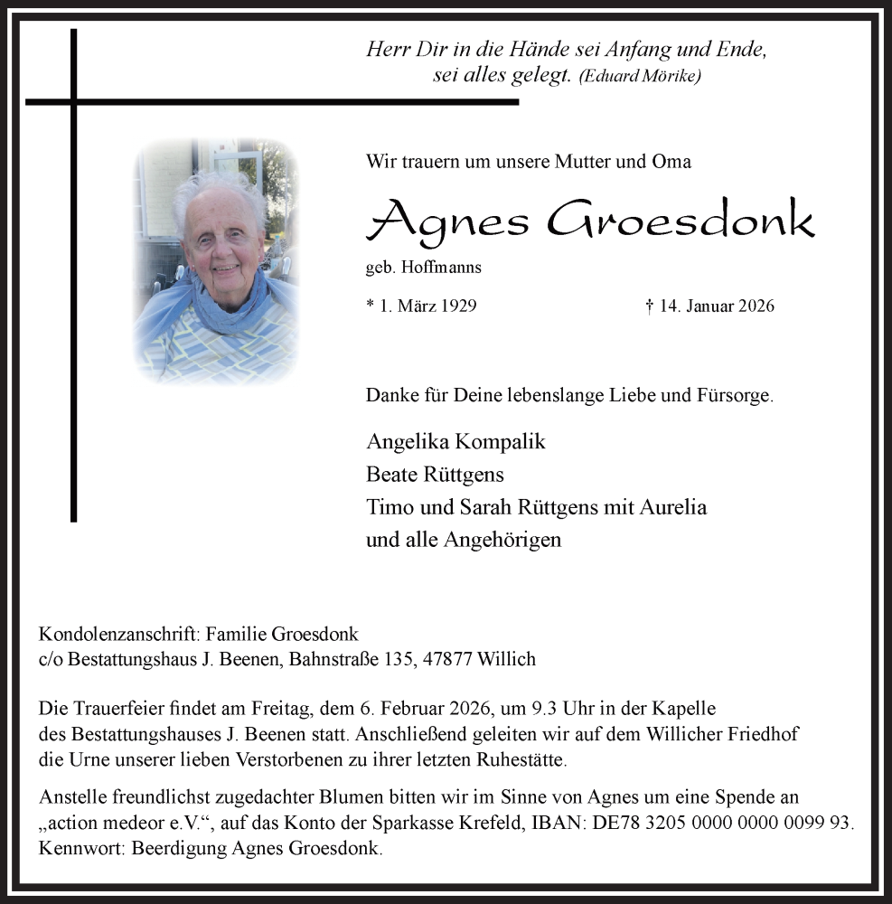  Traueranzeige für Agnes Groesdonk vom 01.02.2026 aus trauer.panorama-anzeigenblatt.de