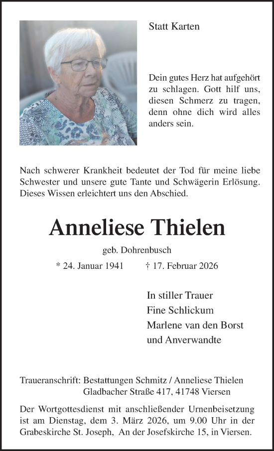Traueranzeige von Anneliese Thielen von trauer.panorama-anzeigenblatt.de