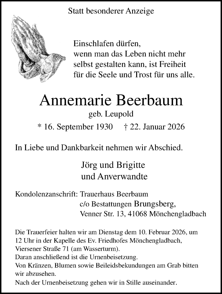  Traueranzeige für Annemarie Beerbaum vom 01.02.2026 aus trauer.panorama-anzeigenblatt.de