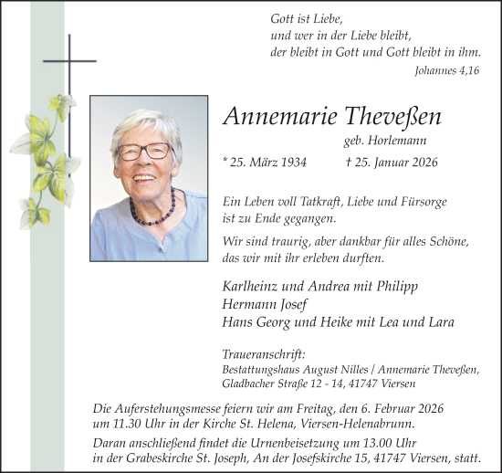 Traueranzeige von Annemarie Theveßen von trauer.panorama-anzeigenblatt.de