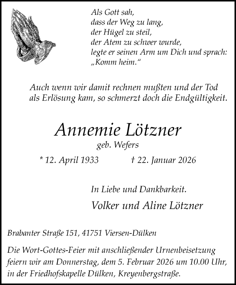  Traueranzeige für Annemie Lötzner vom 01.02.2026 aus trauer.panorama-anzeigenblatt.de