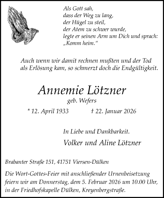 Traueranzeige von Annemie Lötzner von trauer.panorama-anzeigenblatt.de