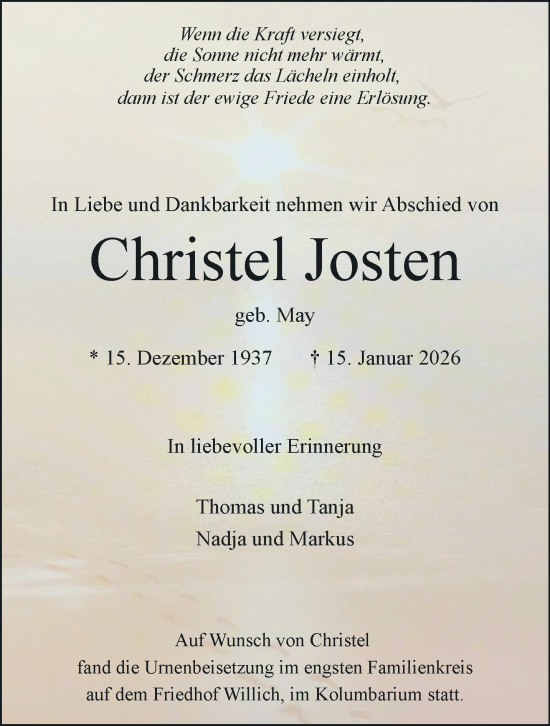 Traueranzeige von Christel Josten von trauer.panorama-anzeigenblatt.de