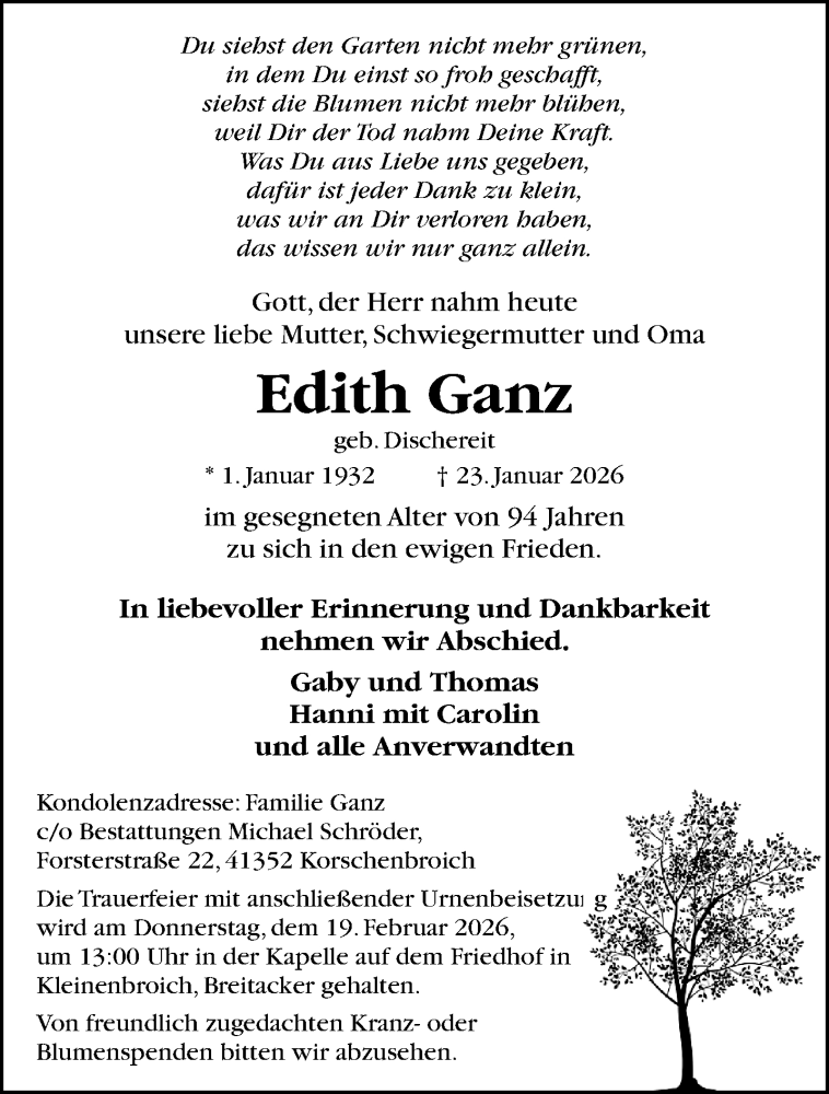  Traueranzeige für Edith Ganz vom 01.02.2026 aus trauer.panorama-anzeigenblatt.de