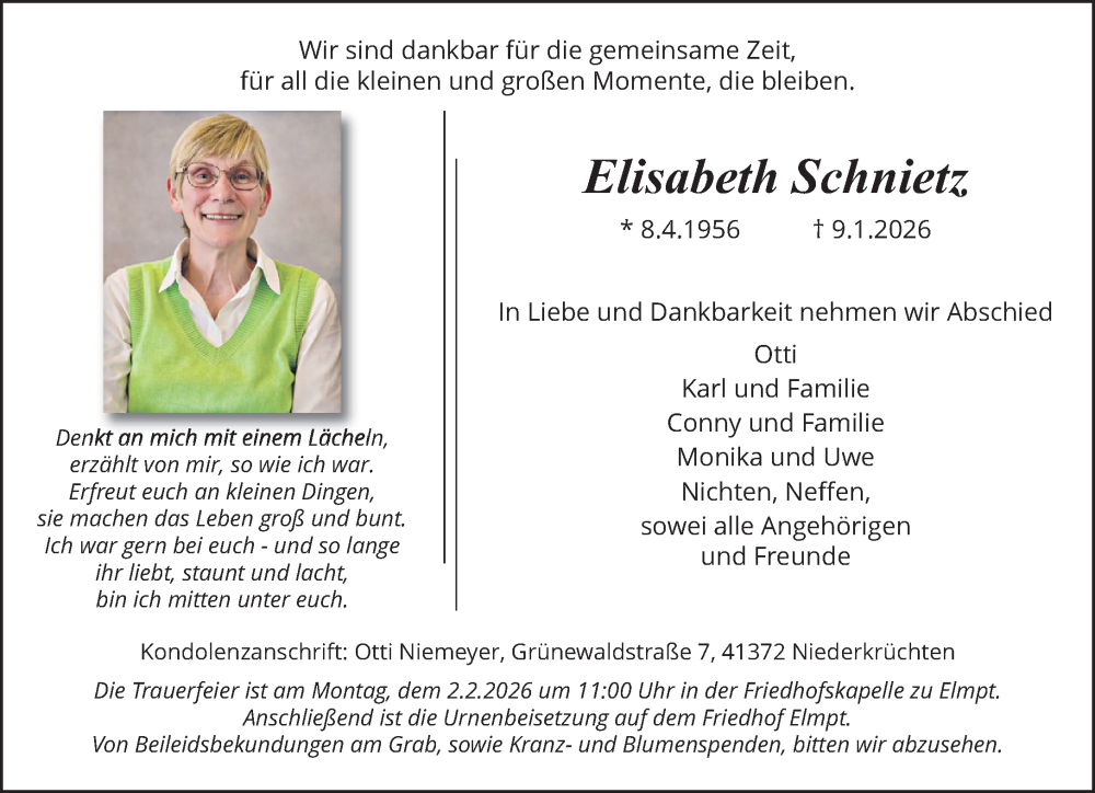  Traueranzeige für Elisabeth Schnietz vom 01.02.2026 aus trauer.panorama-anzeigenblatt.de