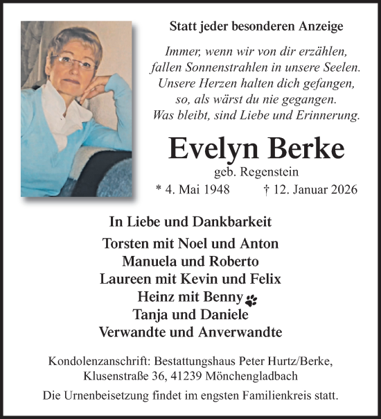 Traueranzeige von Evelyn Berke von trauer.panorama-anzeigenblatt.de