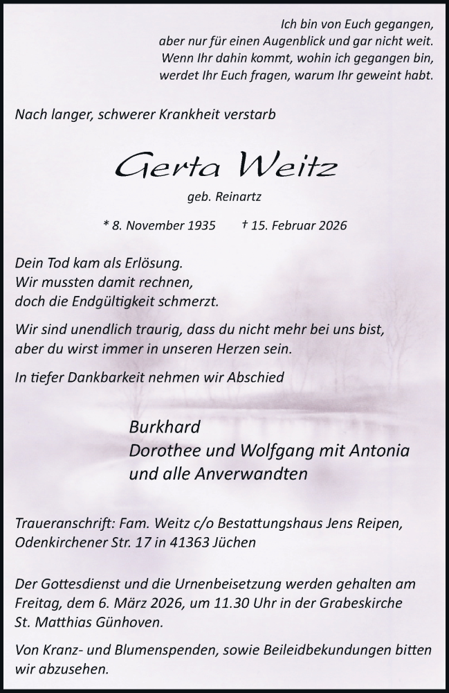  Traueranzeige für Gerta Weitz vom 28.02.2026 aus trauer.stadt-kurier.de