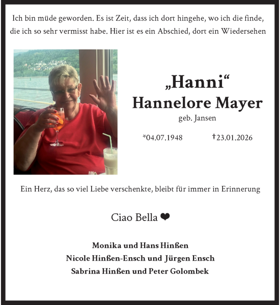 Traueranzeige von Hannelore Mayer von trauer.panorama-anzeigenblatt.de