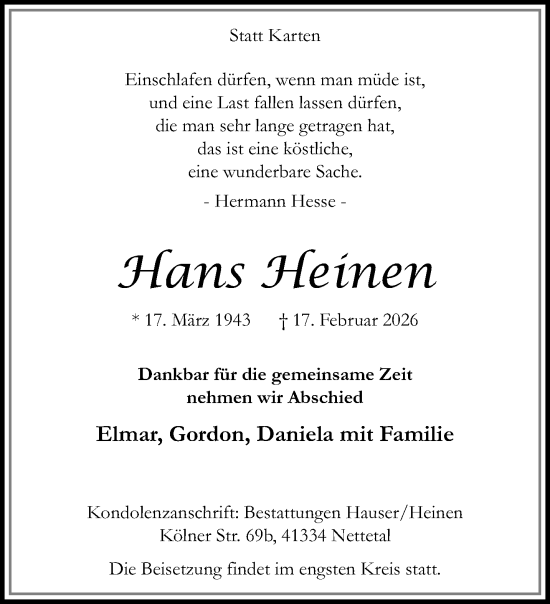 Traueranzeige von Hans Heinen von trauer.panorama-anzeigenblatt.de