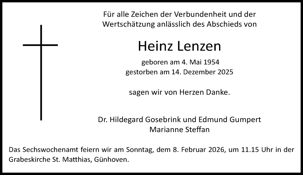  Traueranzeige für Heinz Lenzen vom 01.02.2026 aus trauer.panorama-anzeigenblatt.de