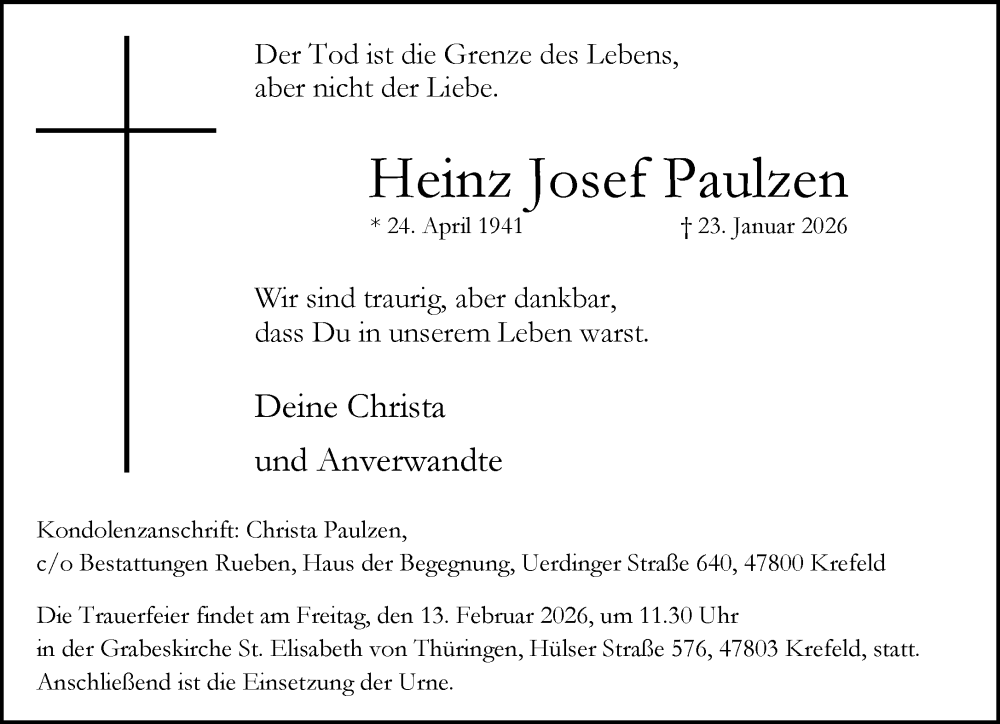  Traueranzeige für Heinz Josef Paulzen vom 01.02.2026 aus trauer.panorama-anzeigenblatt.de