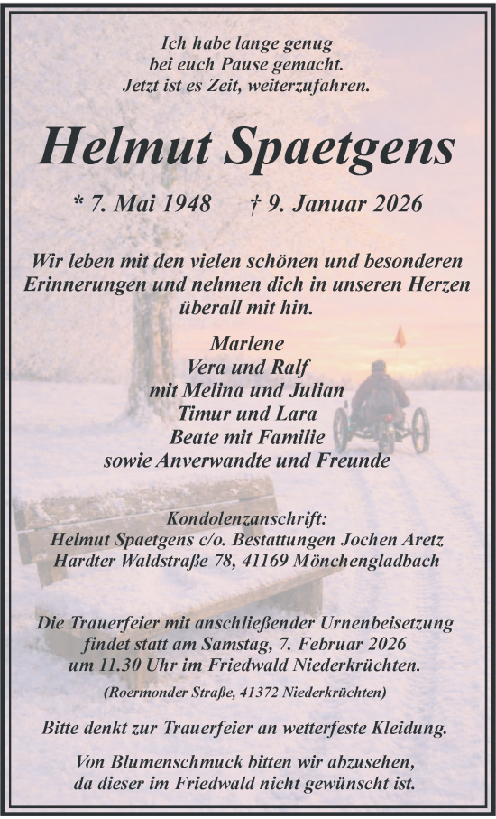 Traueranzeige von Helmut Spaetgens von trauer.panorama-anzeigenblatt.de