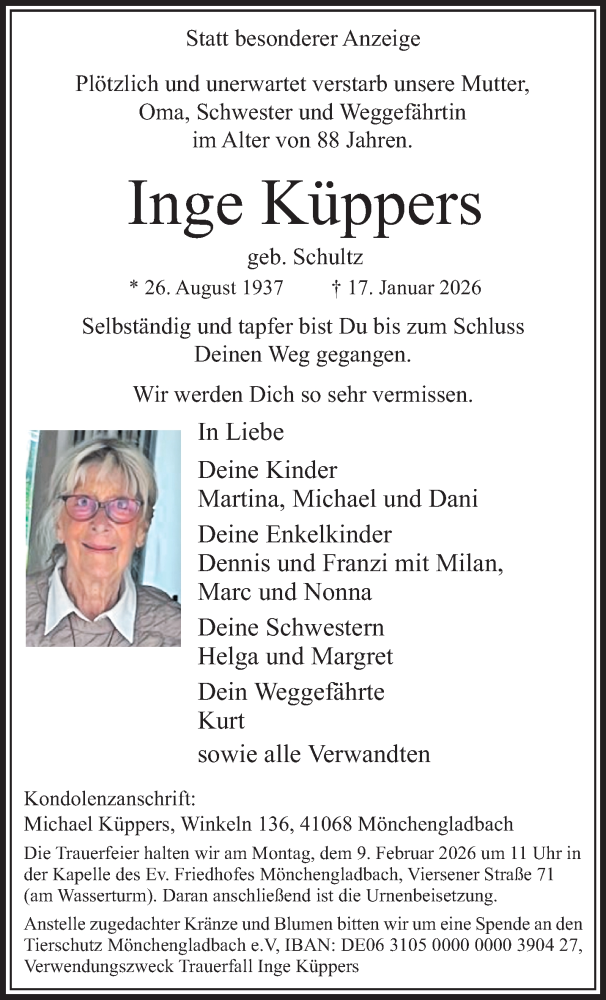  Traueranzeige für Inge Küppers vom 01.02.2026 aus trauer.panorama-anzeigenblatt.de