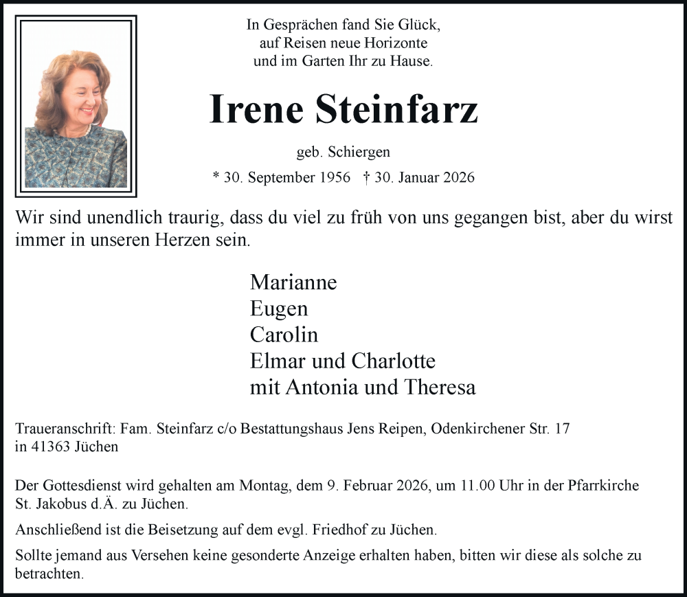  Traueranzeige für Irene Steinfarz vom 07.02.2026 aus trauer.stadt-kurier.de