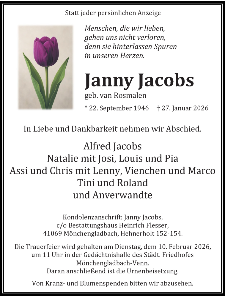  Traueranzeige für Janny Jacobs vom 01.02.2026 aus trauer.panorama-anzeigenblatt.de