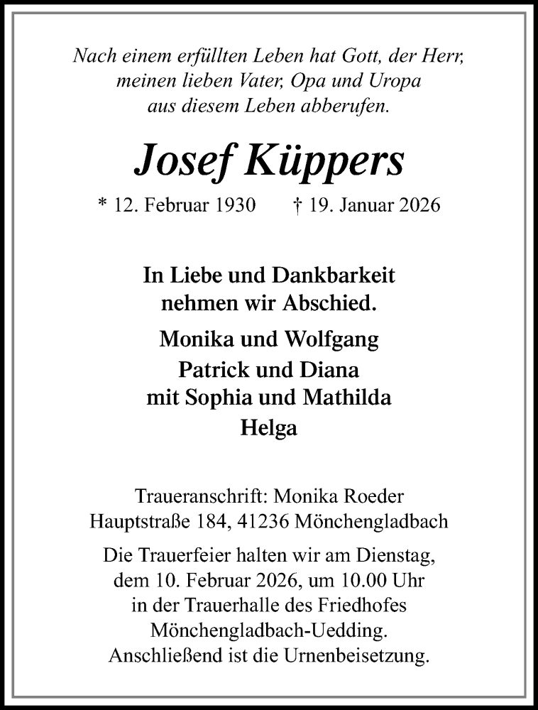  Traueranzeige für Josef Küppers vom 01.02.2026 aus trauer.panorama-anzeigenblatt.de