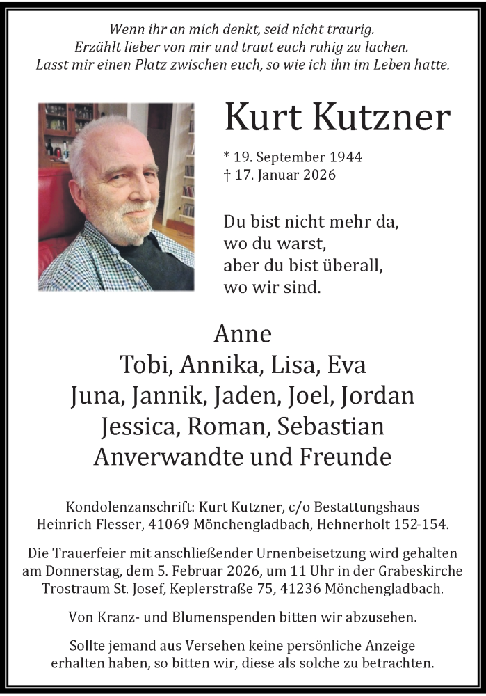  Traueranzeige für Kurt Kutzner vom 01.02.2026 aus trauer.panorama-anzeigenblatt.de