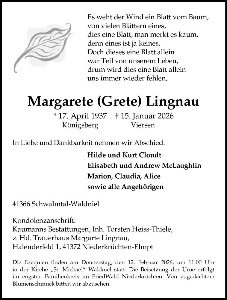  Traueranzeige für Margarete Lingnau vom 01.02.2026 aus trauer.panorama-anzeigenblatt.de