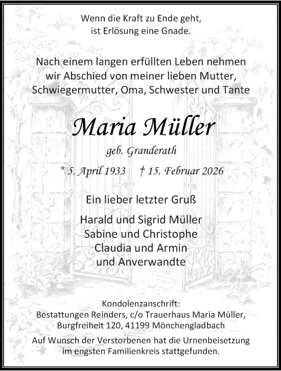 Traueranzeige von Maria Müller von trauer.stadt-kurier.de