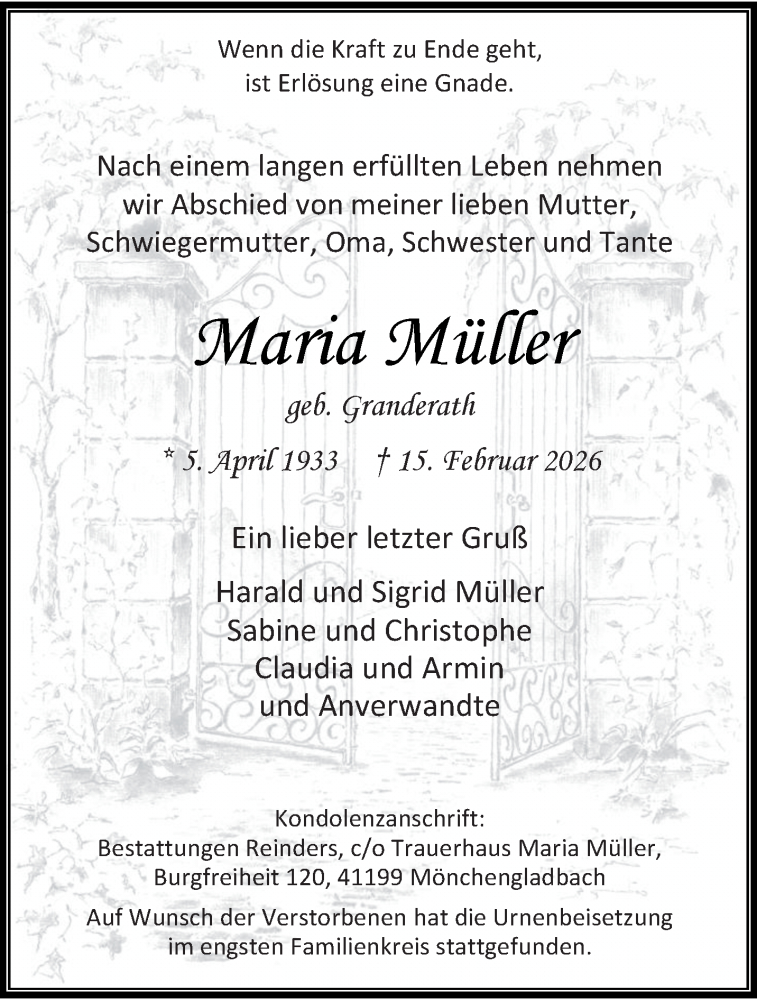  Traueranzeige für Maria Müller vom 28.02.2026 aus trauer.stadt-kurier.de