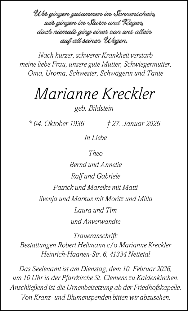  Traueranzeige für Marianne Kreckler vom 01.02.2026 aus trauer.panorama-anzeigenblatt.de