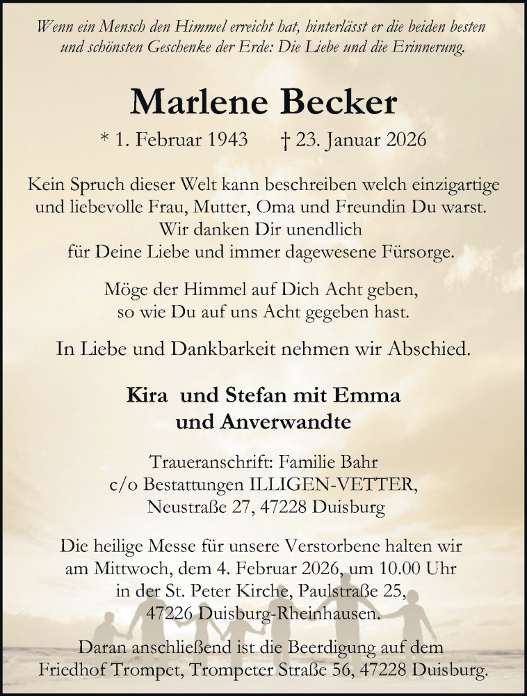  Traueranzeige für Marlene Becker vom 01.02.2026 aus trauer.panorama-anzeigenblatt.de