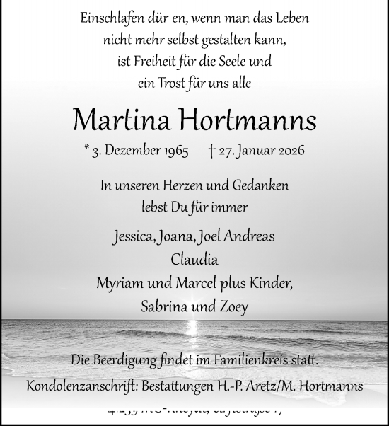 Traueranzeige von Martina Hortmanns von trauer.panorama-anzeigenblatt.de