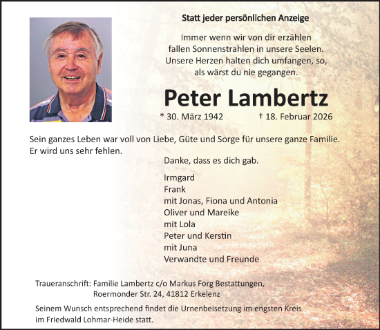 Traueranzeige von Peter Lambertz von trauer.panorama-anzeigenblatt.de